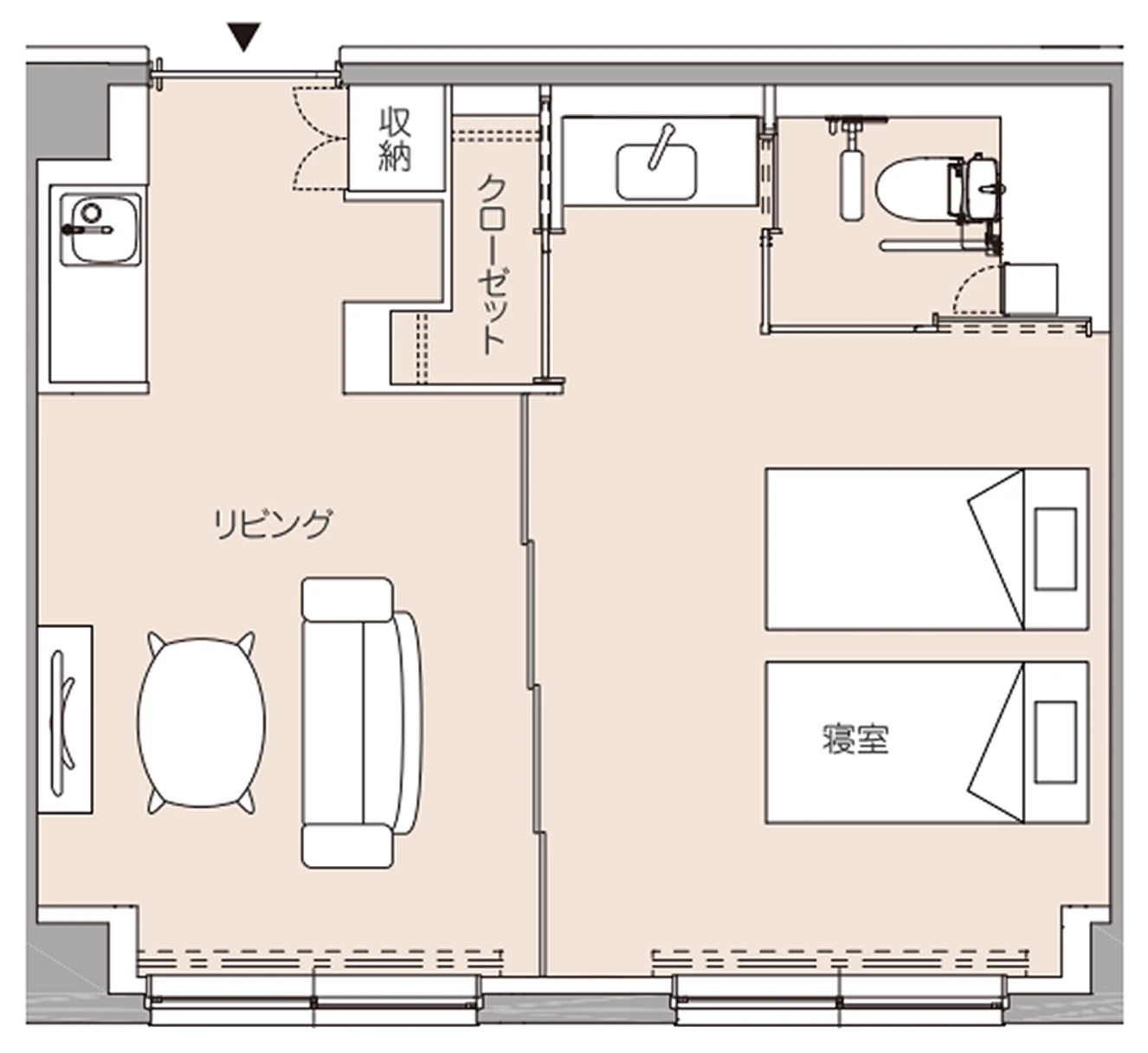 居室面積：40㎡ ソファー、テーブル、テレビ、テレビ台はイメージで配置例になります。